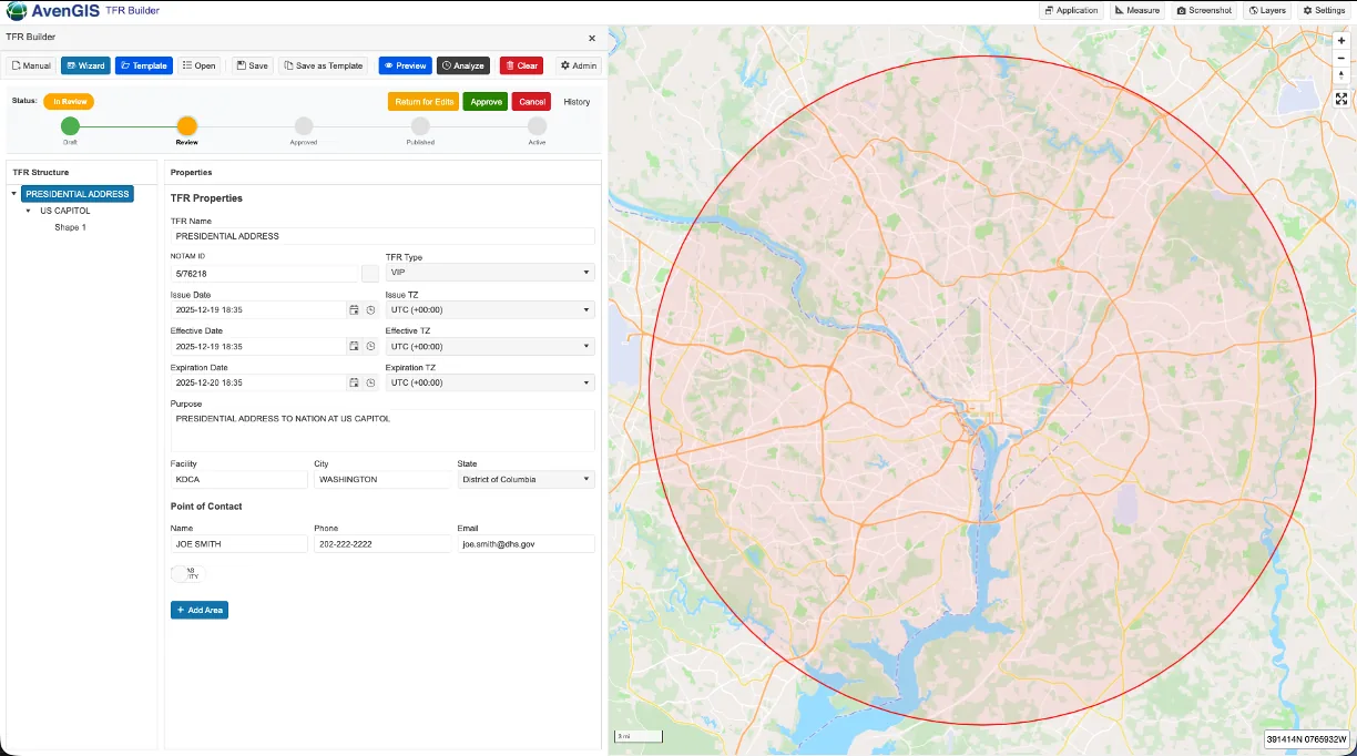 AvenGIS TFR Builder showing a Presidential Address airspace reservation centered on Washington, D.C.