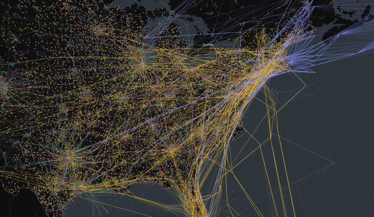 RADAR data explorer rendering airports and airways across the eastern United States and Canada as a dense network of color-coded points and lines on a dark map.